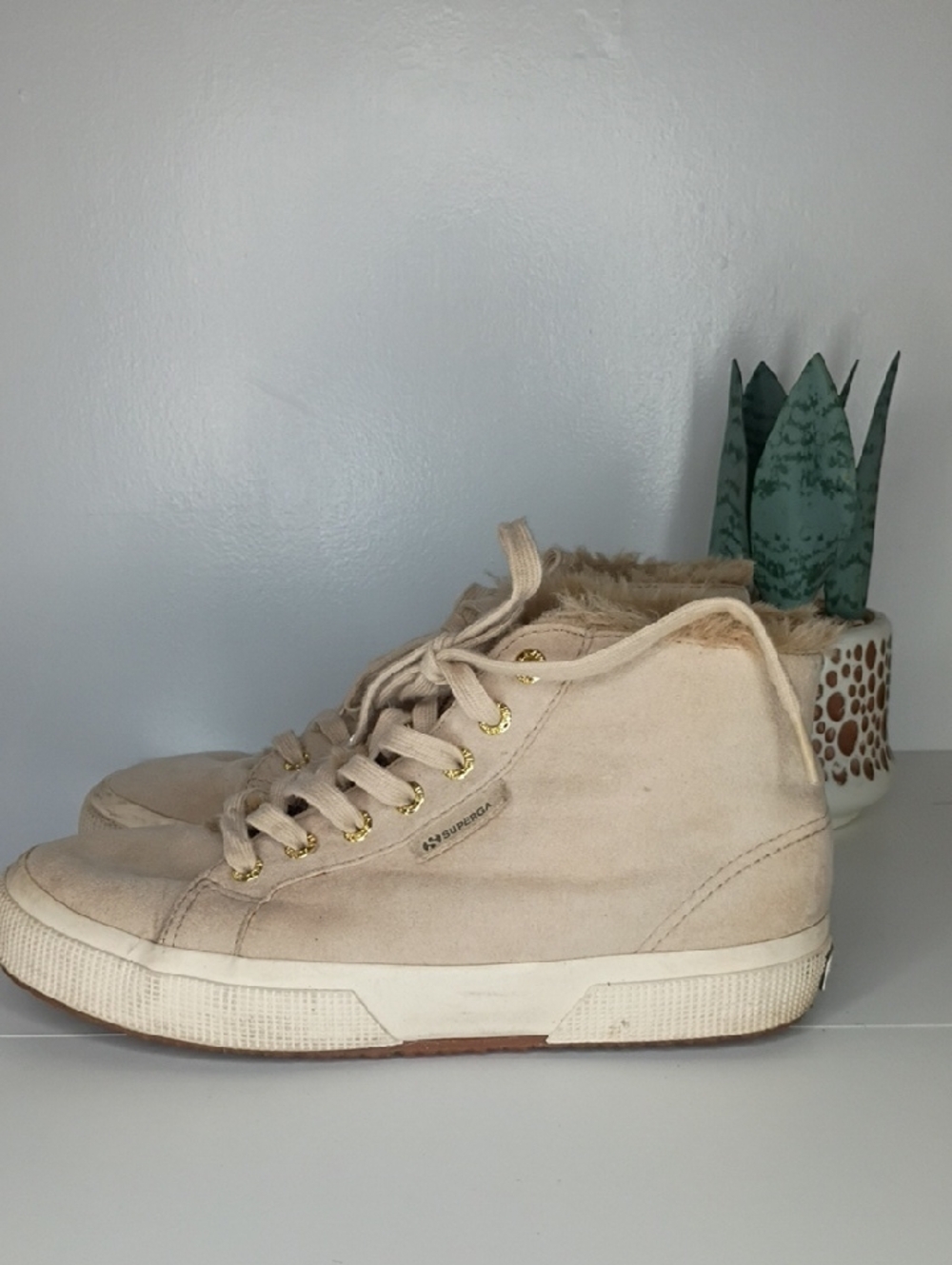 Superga Beige Suede High-Top Sneakers with Fur trim size 7